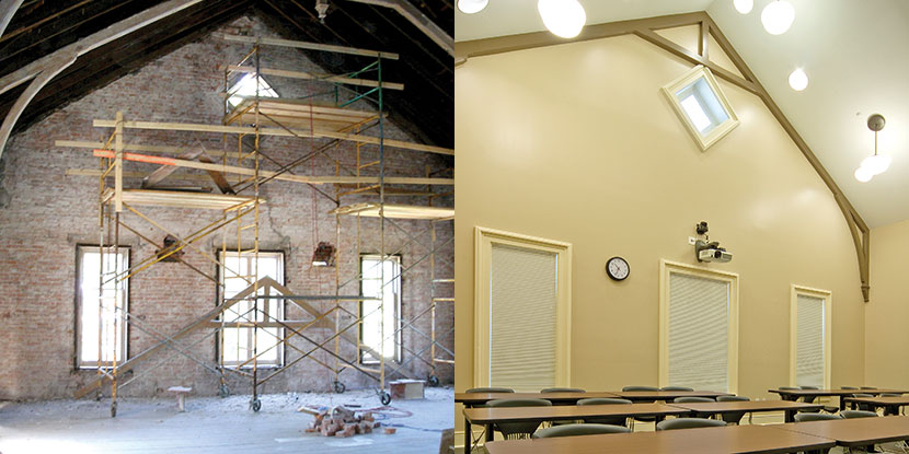 Whipple Hall Illinois College chapel before and after
