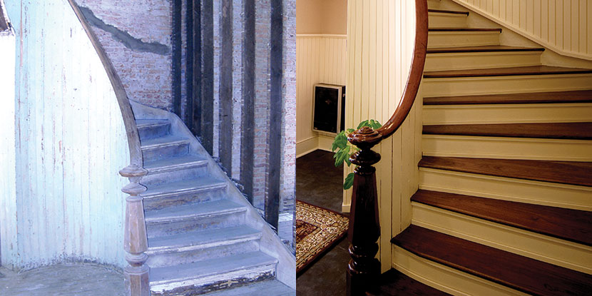 Whipple Hall Illinois College stairs before and after