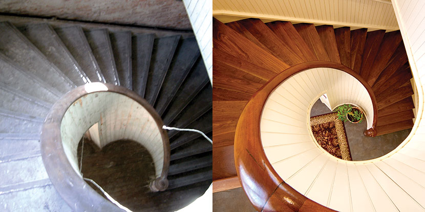 Whipple Hall Illinois College stairs before and after